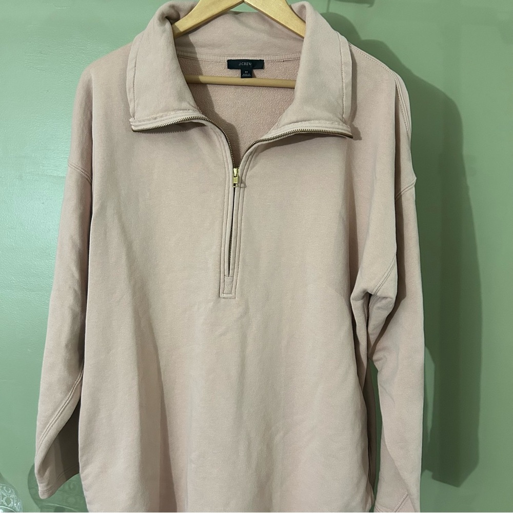 J Crew 100%Cotton Oversized Terry Long Half Zip Tunic Medium Natural Color